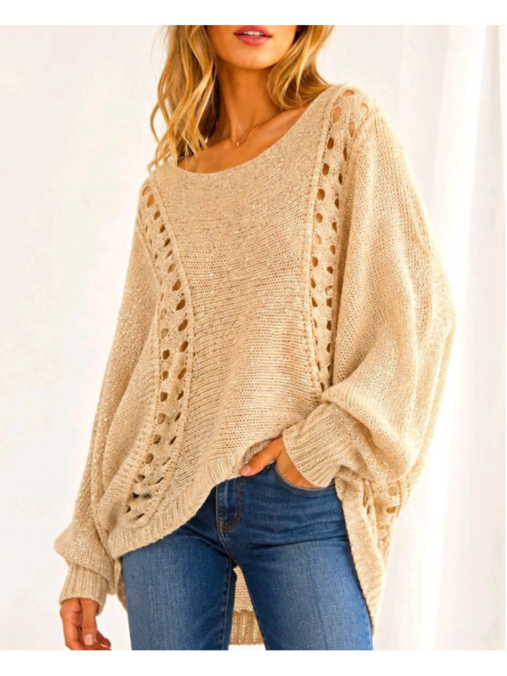 Lumiere Women's Sparkly Sequin Open Knit Sweater Cream Oversized Boho Chic